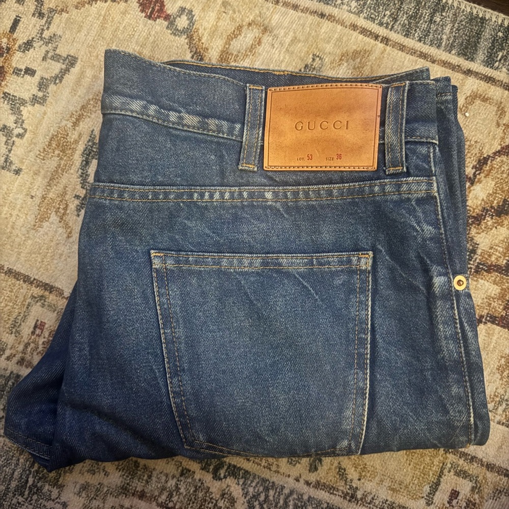 Gucci Blue Jeans with Classic Medium Wash and Leather Patch and Embroidery